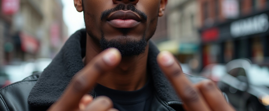 A black man defiantly gives others the middle finger.