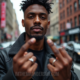A black man defiantly gives others the middle finger.